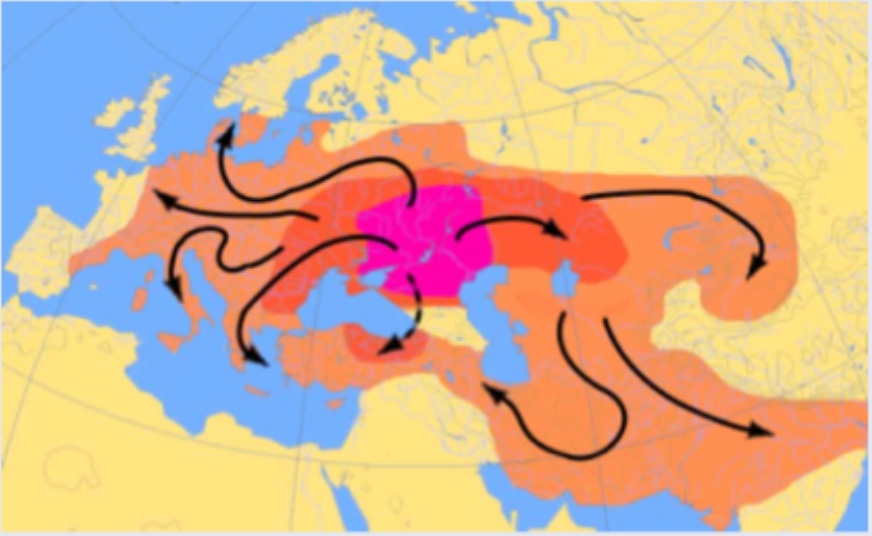 Indo-European Migrations | The area highlighted in pink, lying between the Black and Caspian Seas, is the suggested homeland for Indo-Europeans in the third millennium BCE. Arrows show the movement of speakers of Indo-European languages in the second millennium. The arrow showing movement to the southeast into India designates the Indo-Aryans, who began entering the Indo- Gangetic Plains from c. 1700 BCE. | Author: Larry Israel | Source: Original Work | License: CC BY-SA 4.0