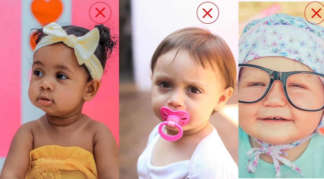 three wrong examples of the outfits or accessories when taking the baby passport photo