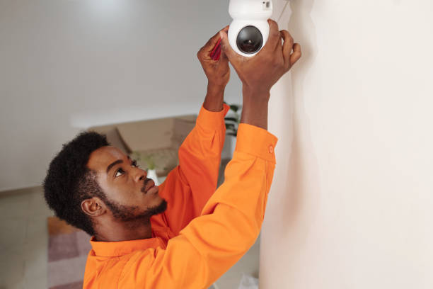 a person installing scurity camera in a house.