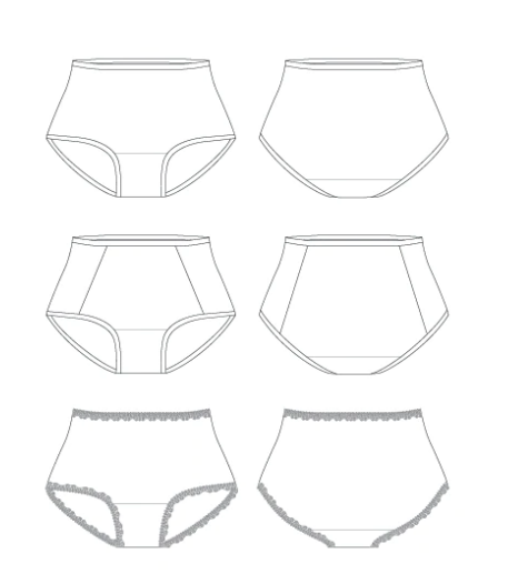 Illustrations of high waisted underwear with the front & back as single pieces of fabric, or as front, back, and sides.  One pair is edged with lace.
