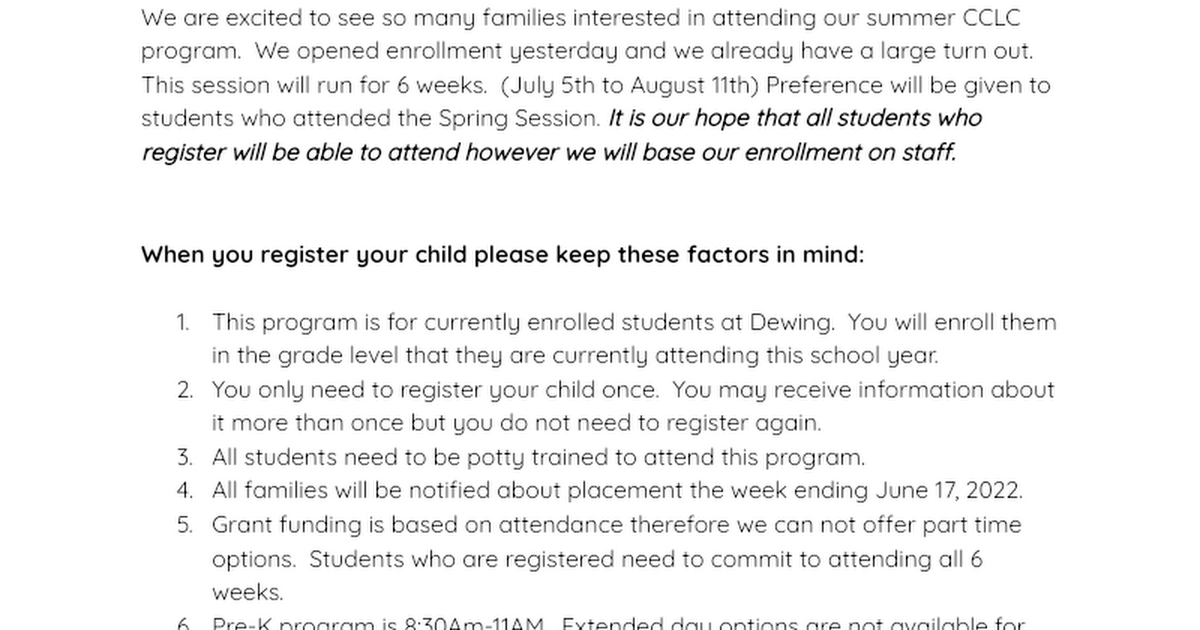 Dewing 21CCLC Summer Program additional information-for smore