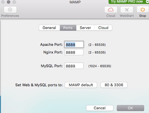 Configuração de portas no MAMP server