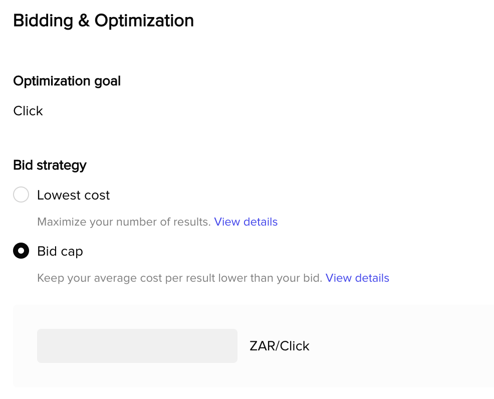 view of bidding and optimization options to show how to advertise business on TikTok