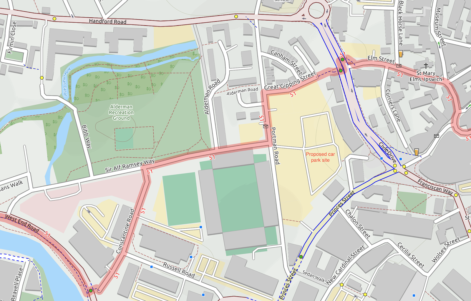 Map showing National Cycle Route 51 passing the planned car park.