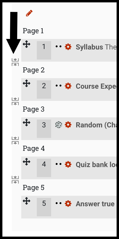 Arrow pointing to icon of two arrows pointing towards each other on a Moodle quiz Questions page