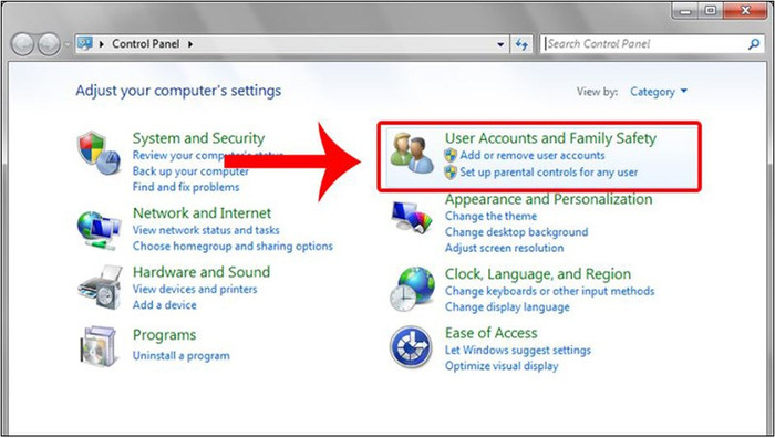 Chọn User Accounts and Family Safety