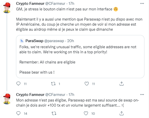 Publication Twitter Crypto Farmeur - de nombreux utilisateurs ayant utilisé la plateforme avant le 8 octobre 2021 n'ont trouvé aucun airdrop