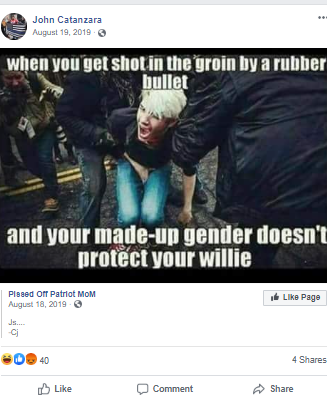 Facebook post by Catanzara with image of a person in pain surrounded by police officers
