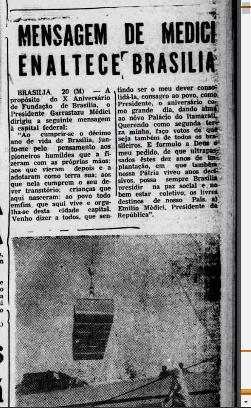manchete de jornal sobre o Palácio do Itamaraty: "Mensagem de Medici Enaltece Brasilia"