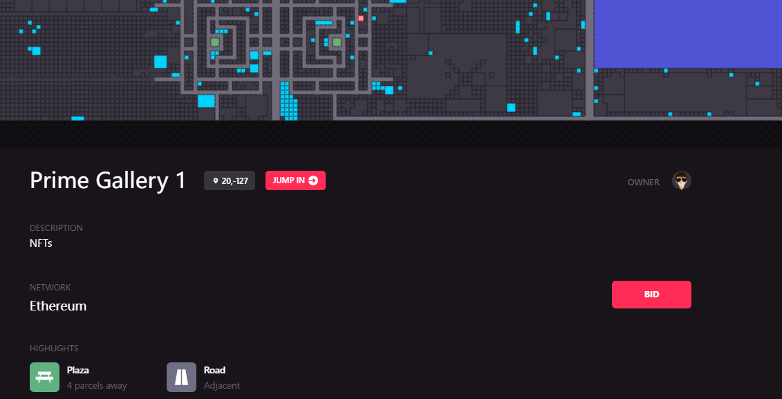 Plot details page for JJ Lin at (20,-127) in Decentraland