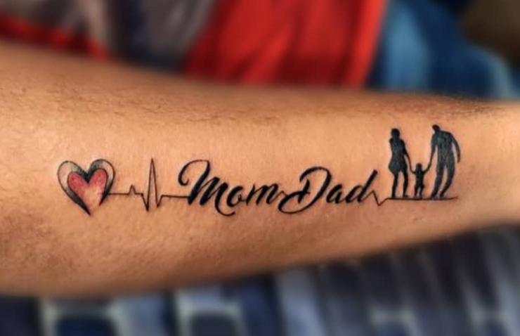 Red Heart And Family Heartbeat Mom Dad Tattoo