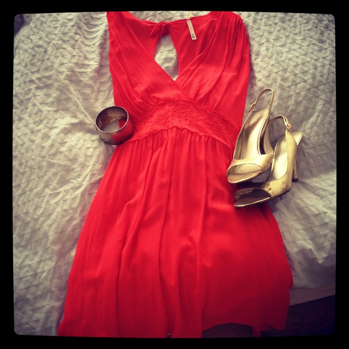 red tea dress with gold shoes for a date night 