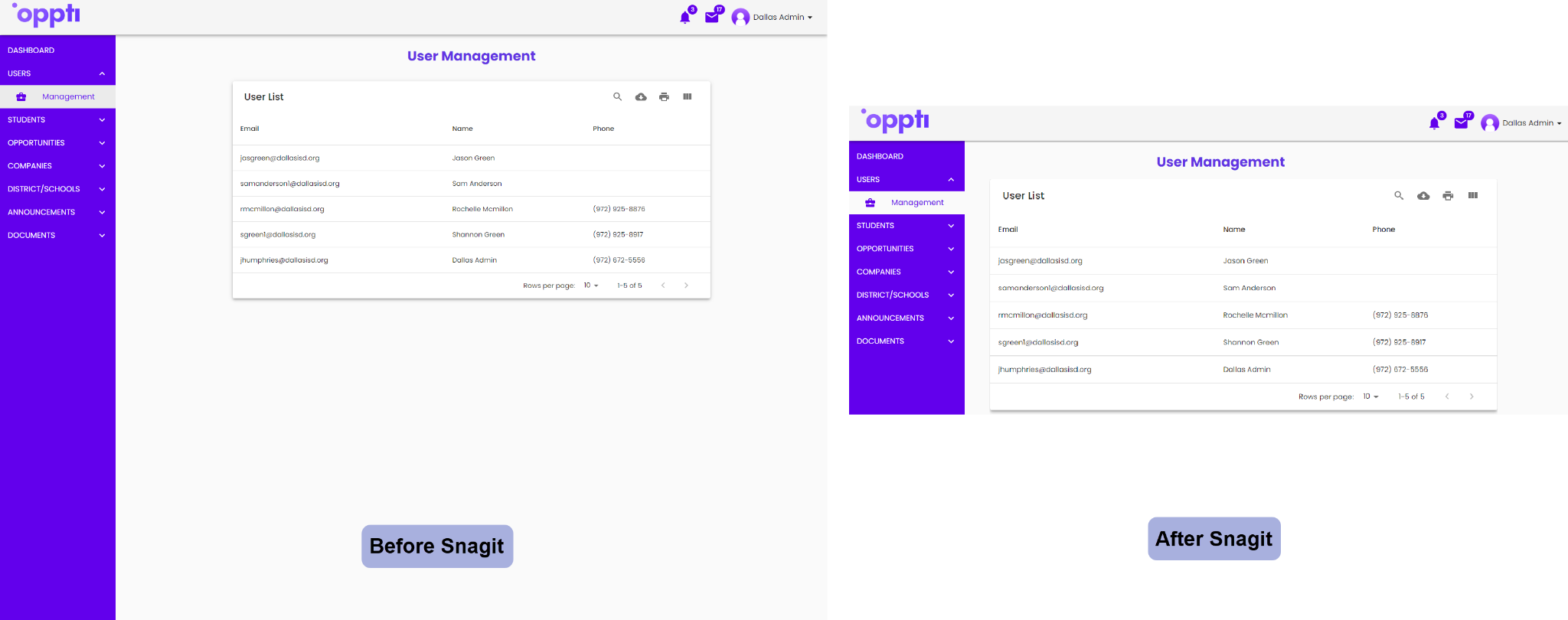 On the left: User Management page before using Snagit software, displaying the original user interface. On the right: User Management page after using Snagit software to remove extra whitespace and improve readability. 