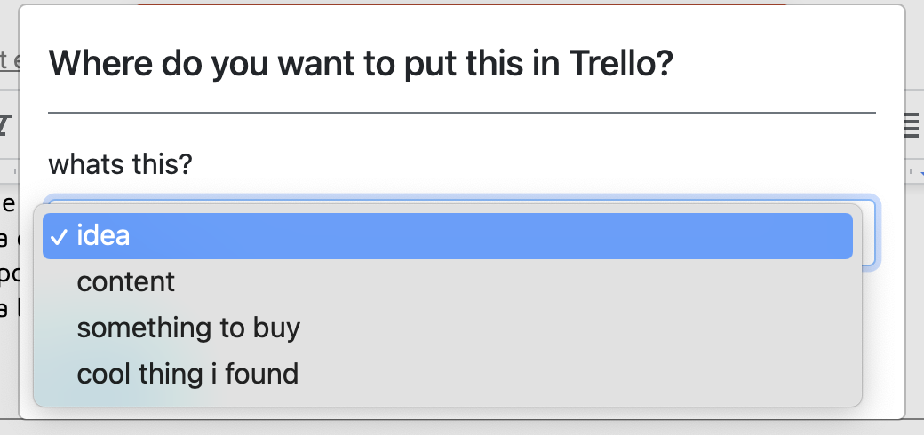 A screenshot of the send link to a Trello board Chrome extension