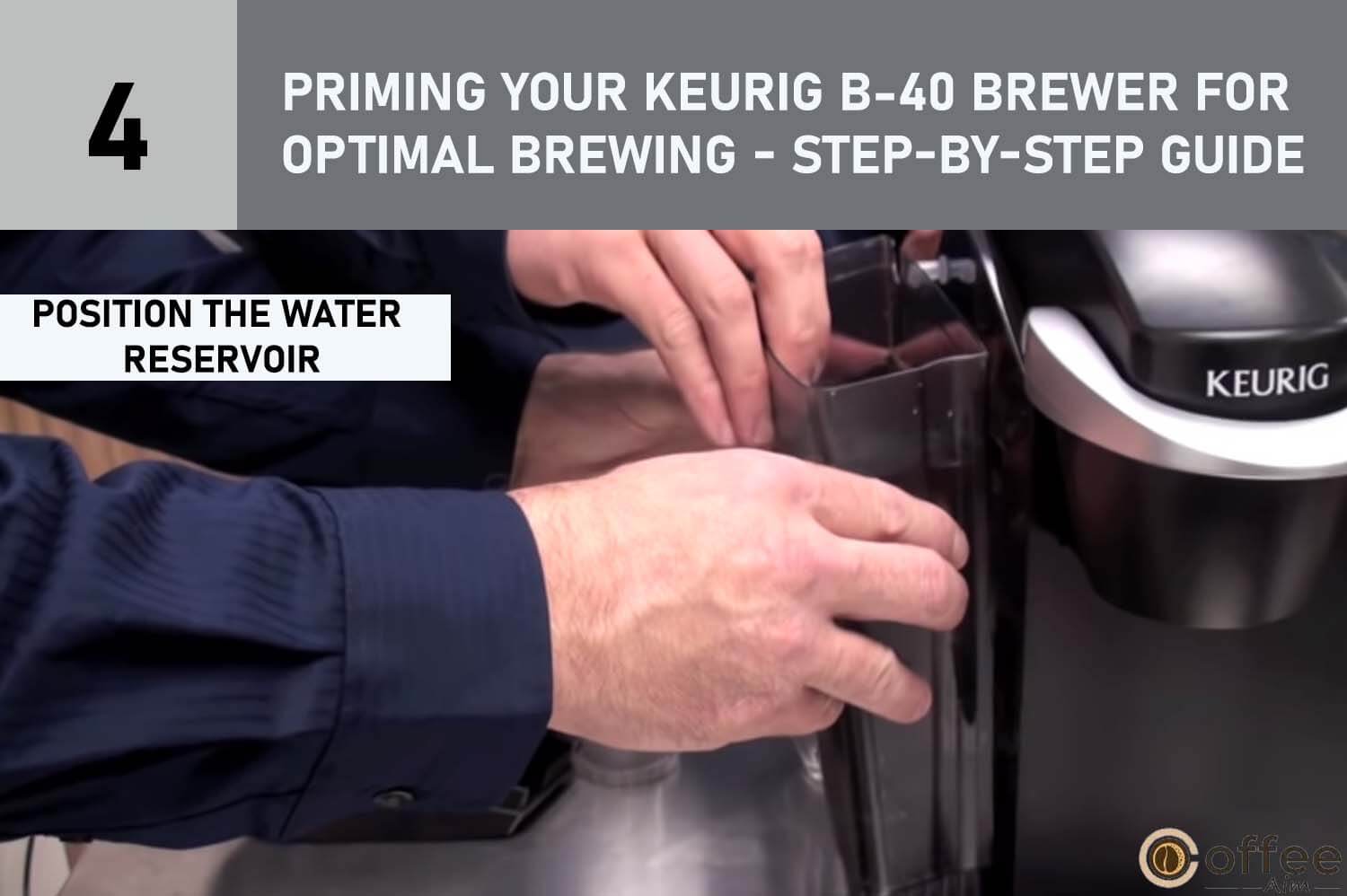 The image vividly illustrates the precise positioning of the water reservoir, a crucial step in our comprehensive guide titled "Priming Your Keurig B-40 Brewer for Optimal Brewing - A Step-by-Step Guide." This visual aid perfectly complements our article on how to use the Keurig B-40