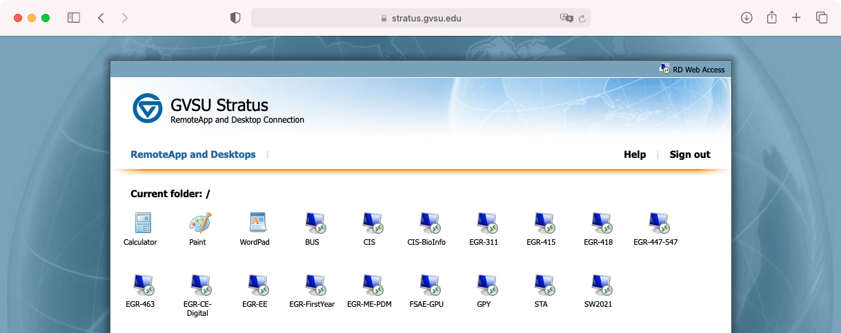 STRATUS login page with multiple Remote Desktop environments