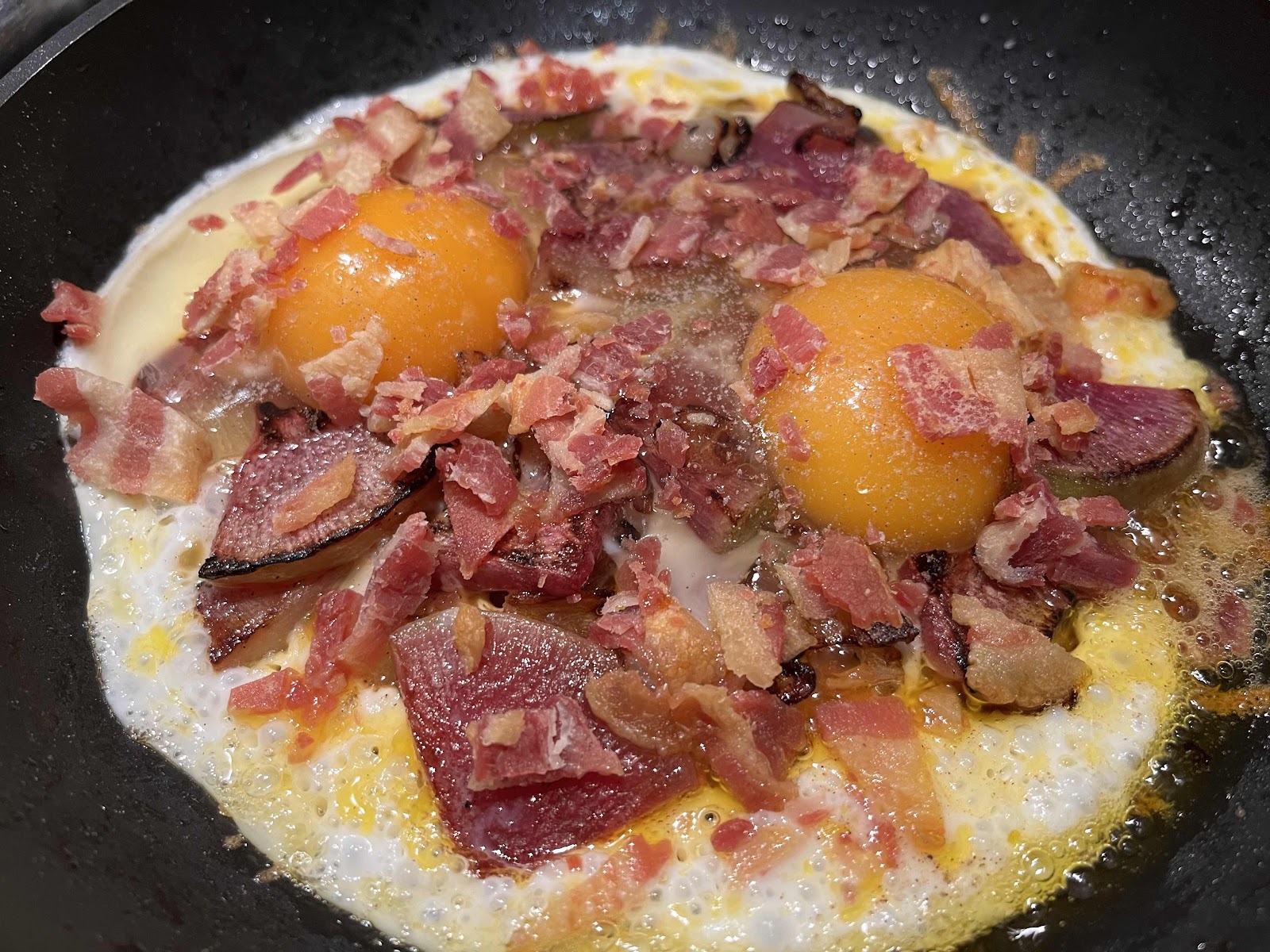 Add eggs and bacon