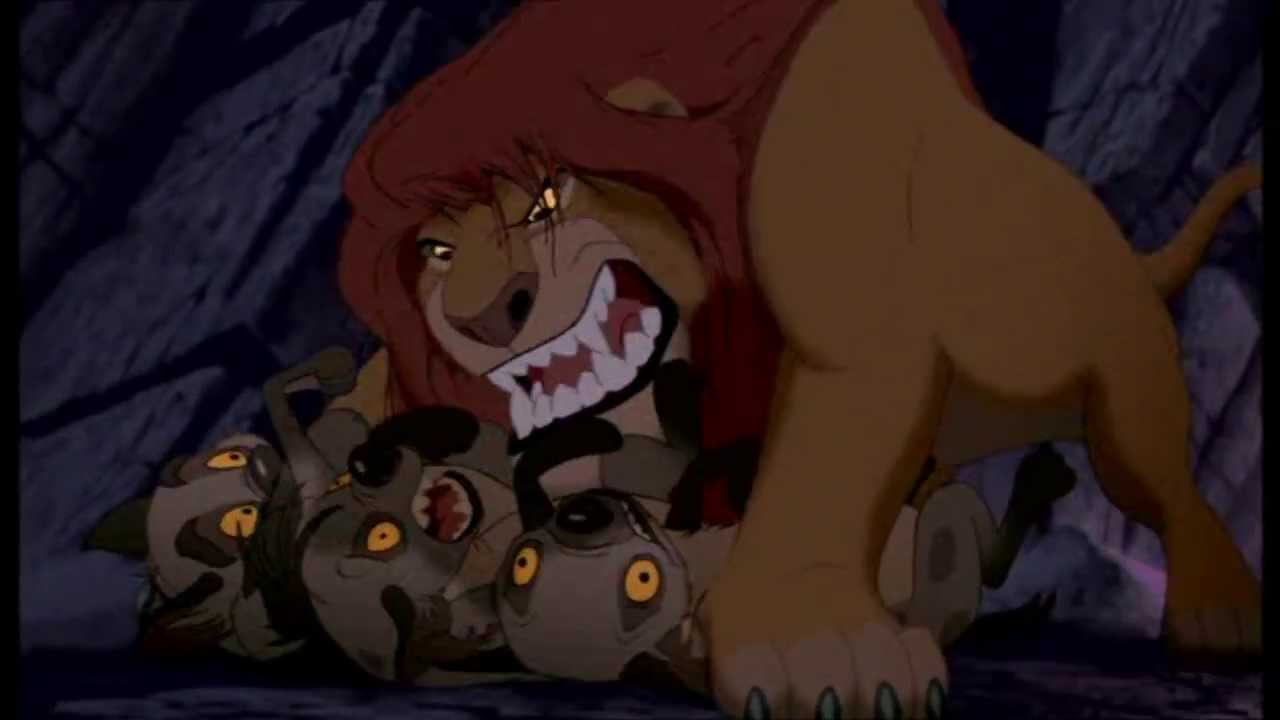 Cena do filme "O Rei Leão" – leão ataca as hienas.