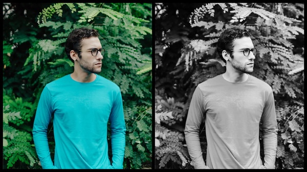 foto de um homem branco com camiseta azul posando em um fundo com plantas com o Filtro Film do AirBrush