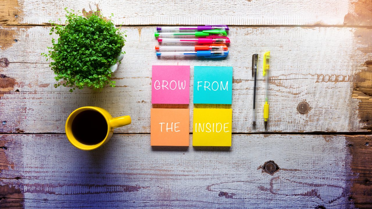 Post-It notes on a table with coffee cup and pens