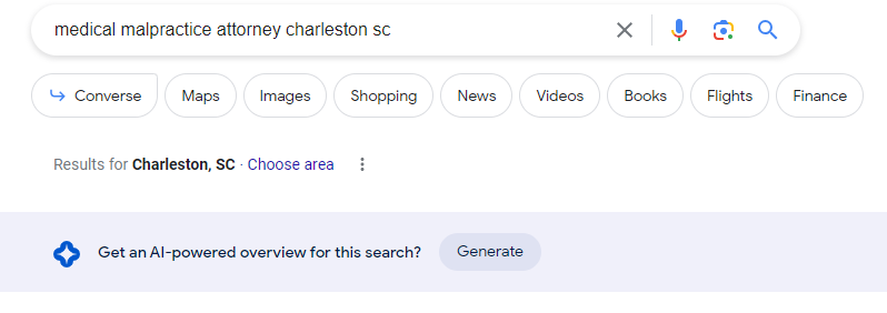 Typing medical malpractice attorney charleston sc gives me the option to click an SGE button.