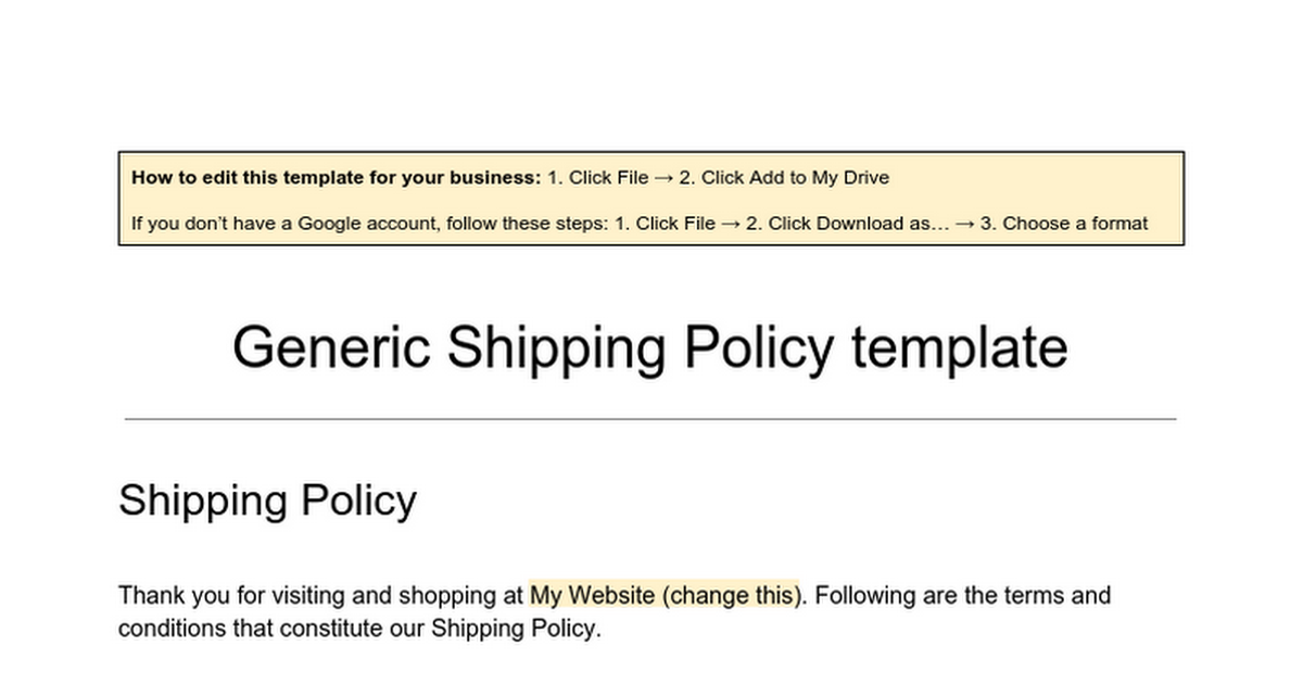 Generic Shipping Policy Template Google Docs