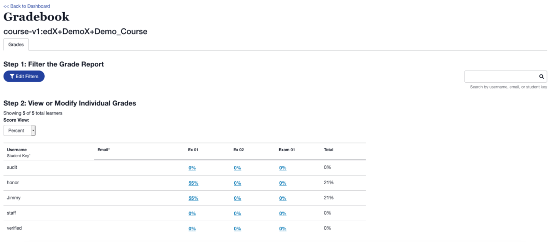 A table of grades shown on the frontend of the new gradebook interface