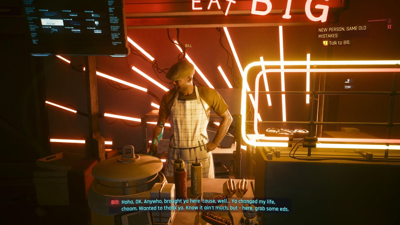 An in game screenshot of the character Bill from the game Cyberpunk 2077. 
