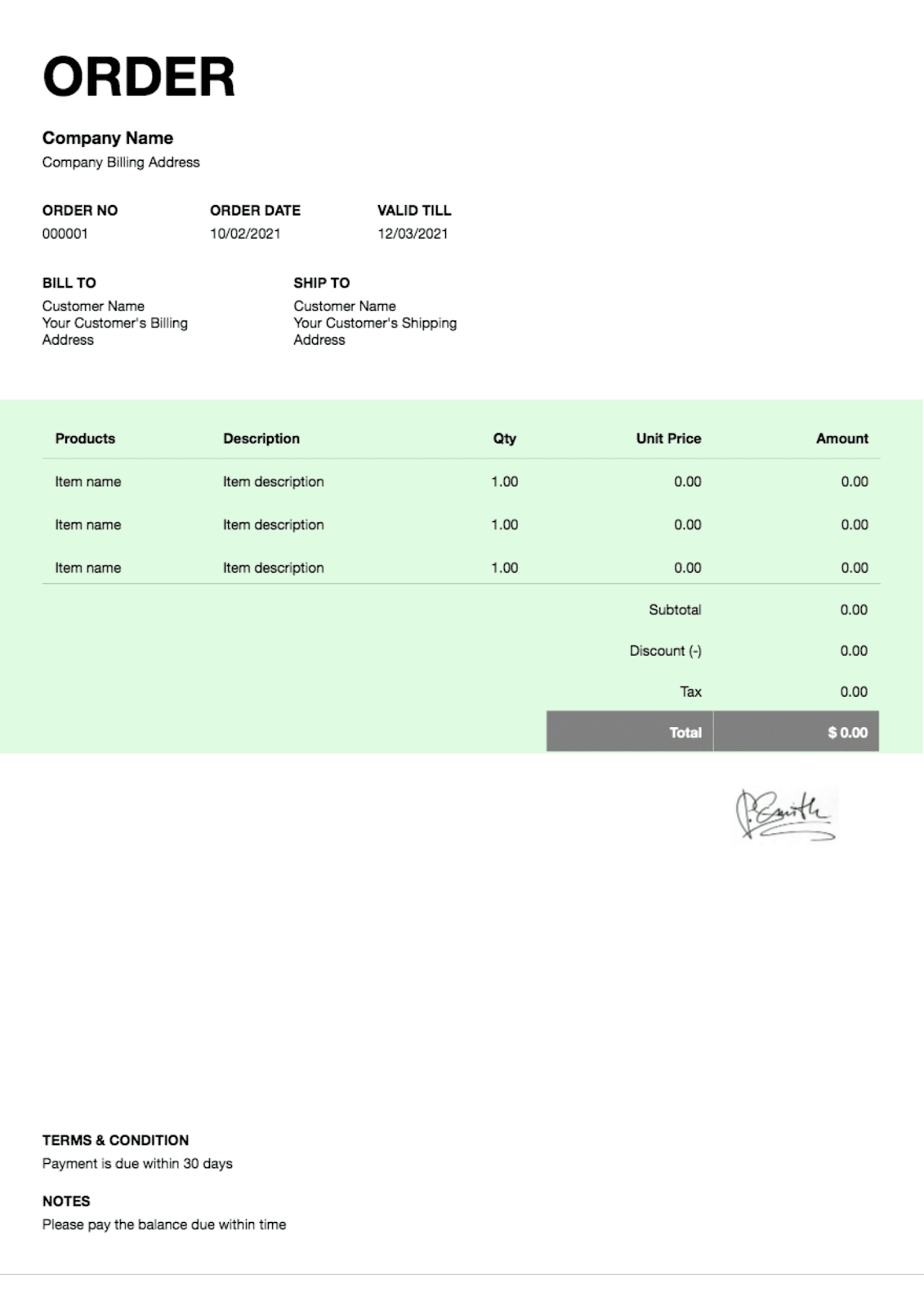 Example of A Purchase Order