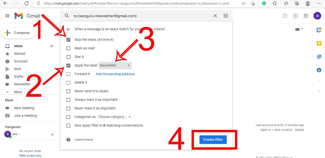Create filter on gmail