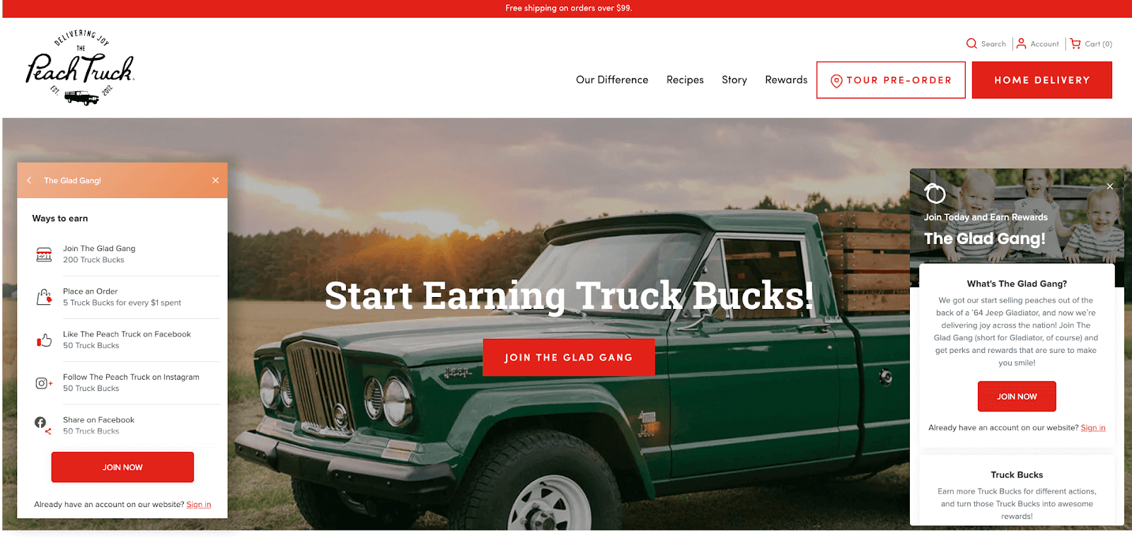 Creative Reward Points Names–A screenshot from The Peach Truck’s homepage showing screenshots from its rewards panel on both sides of the page. The rewards panel is titled, “Join today and earn rewards. The Glad Gang!”. The banner image shows a green ‘64 Jeep Gladiator truck, and the text on top says, “Start Earning Truck Bucks!”. There is a red button with white text that says, “Join the Glad Gang.”