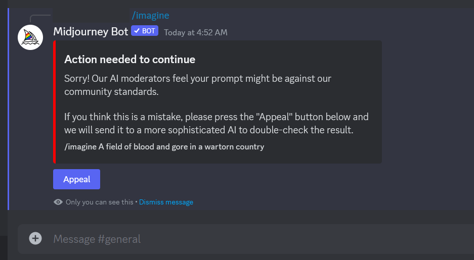 Content warning from Midjourney Bot in discord