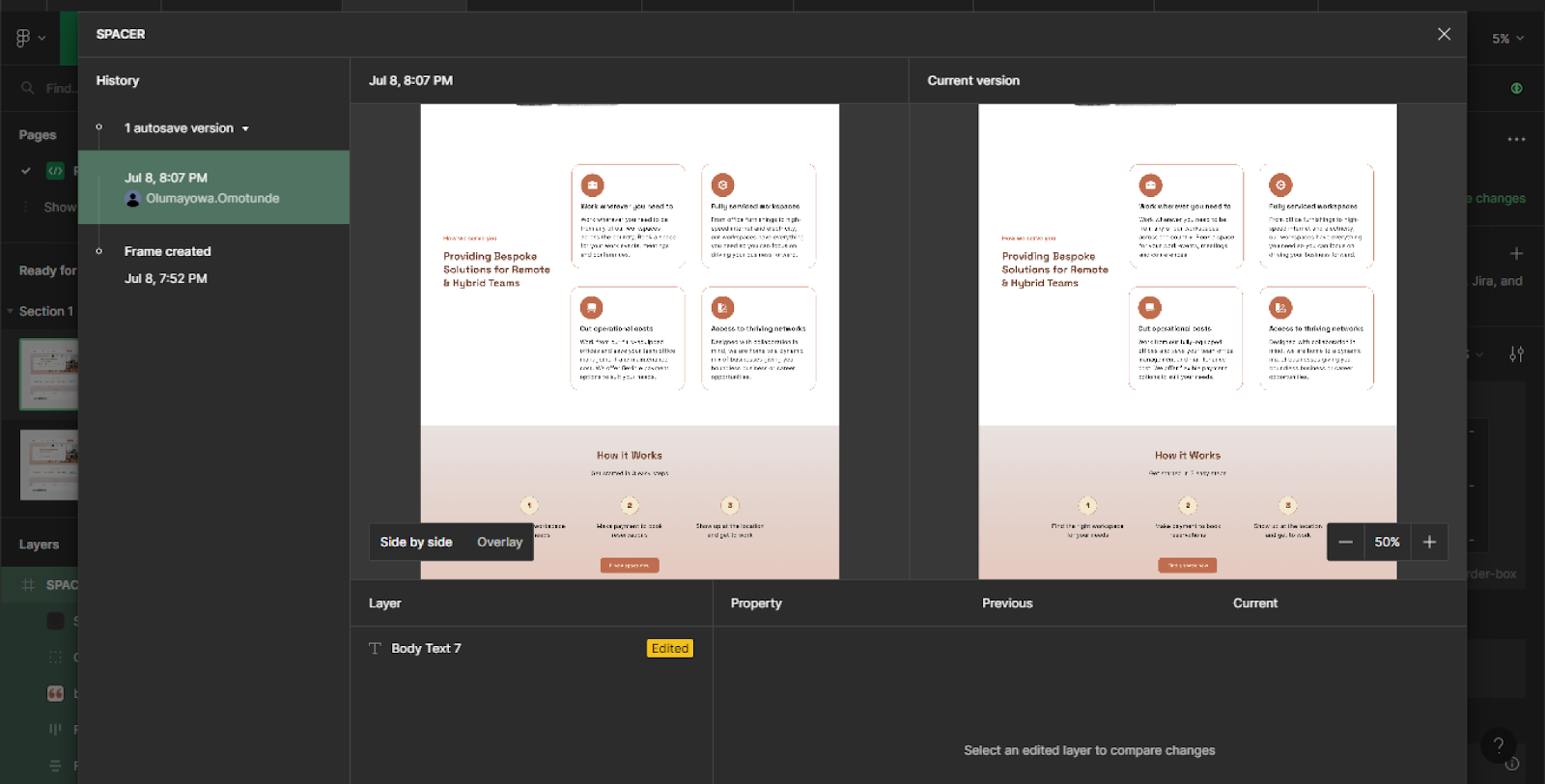 This image shows how to open a modal that shows the history of the frame 