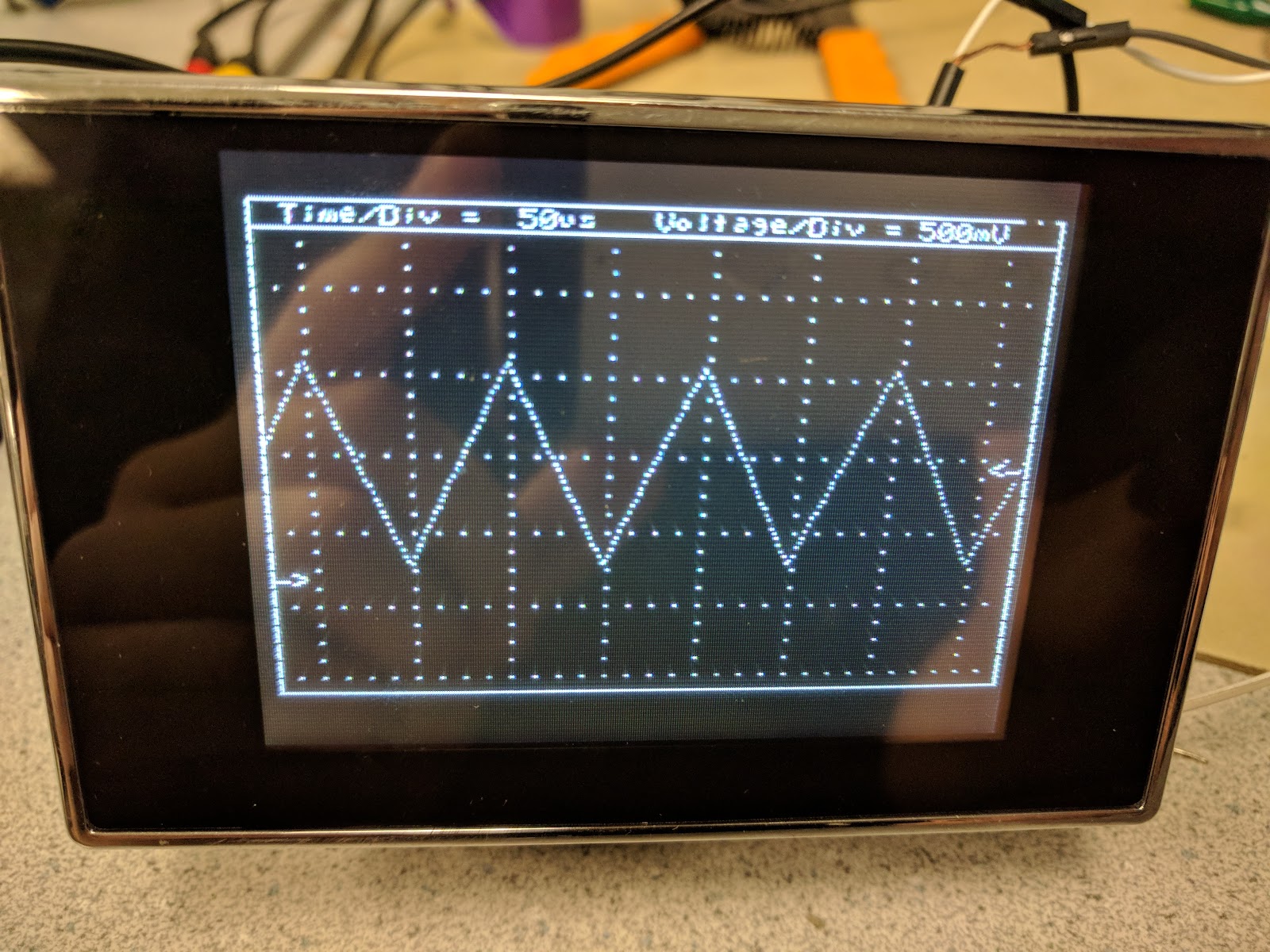 Our Oscilloscope with ~10KHz Triangular Wave Input
