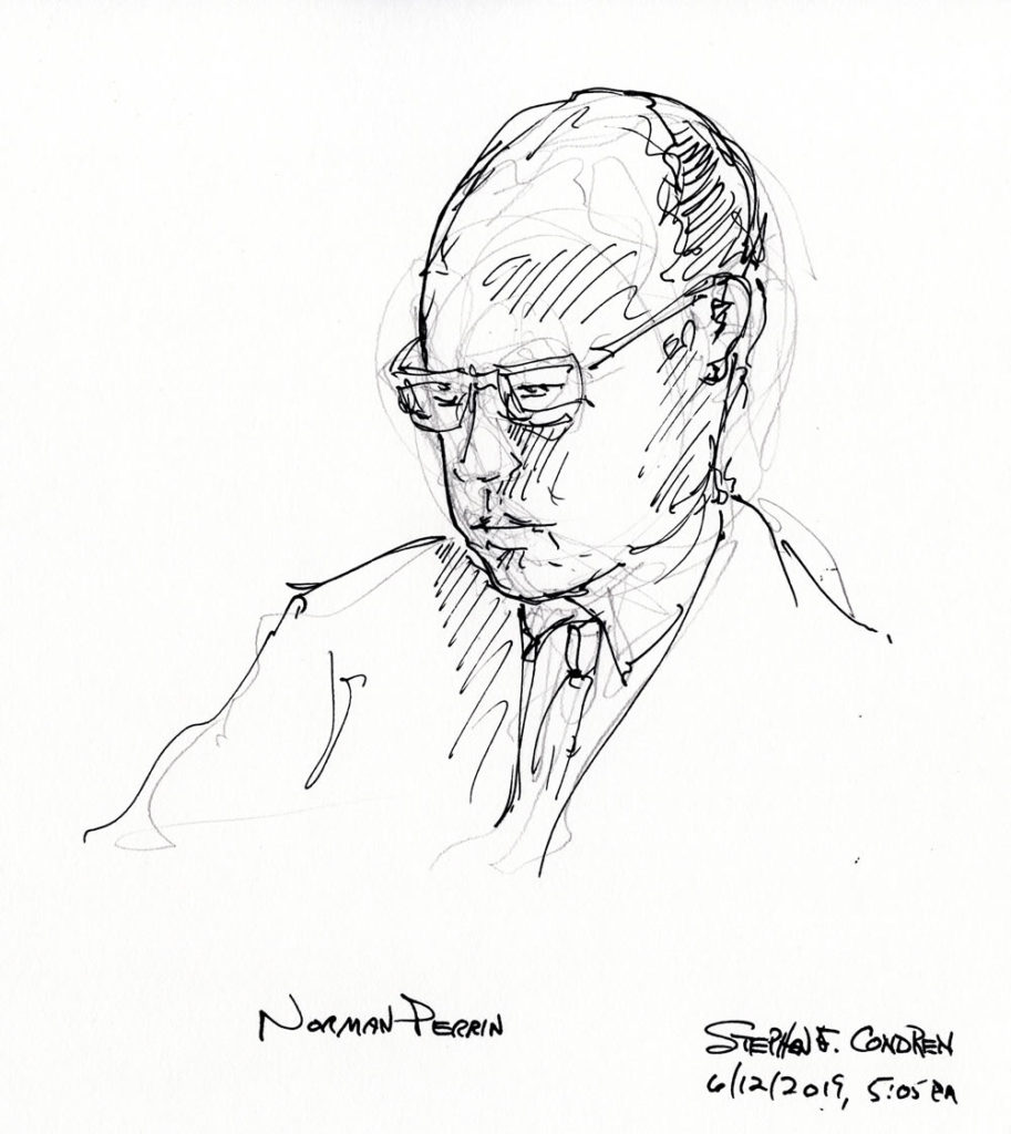 Pen & ink drawing of University of Chicago Divinity School Theologian Norman Perrin.