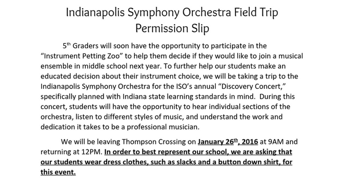 Indianapolis Symphony Orchestra Field Trip Permission Slip