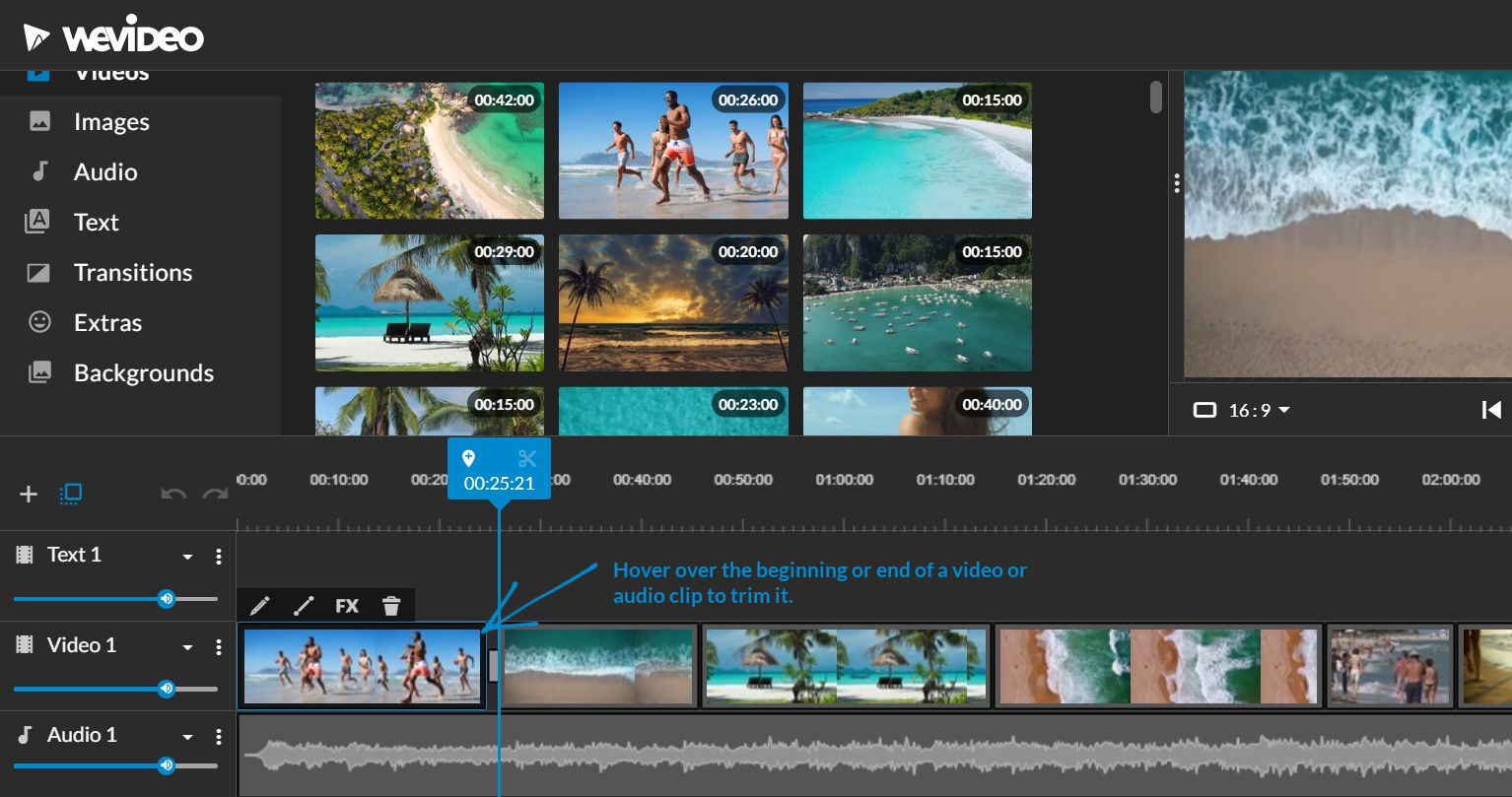 WeVideo web editor, with summer promotion project open and arrow highlighting where to trim a clip. Blue text: "Hover over the beginning or end of a video or audio clip to trim it."