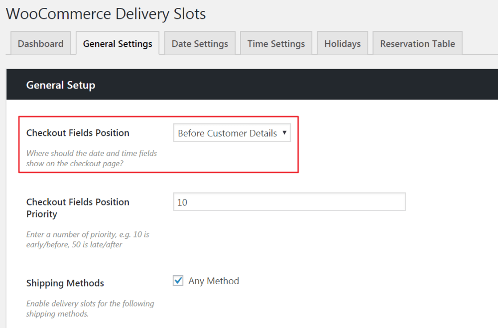 delivery slots settings