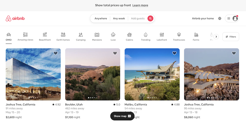 AirBnB home page