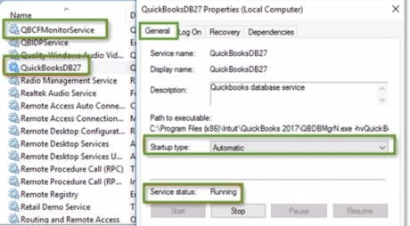 QuickBooks DB27 Properties (Local Computer)