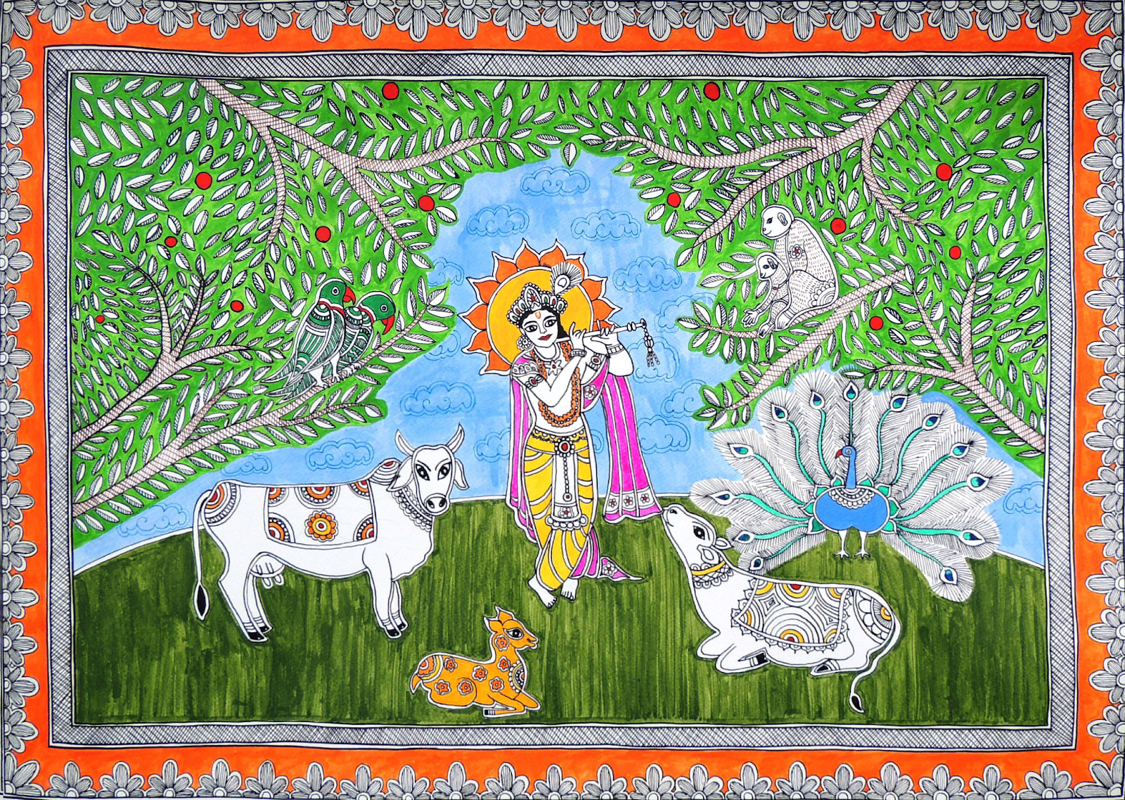 Krishna with flute madhubani painting 