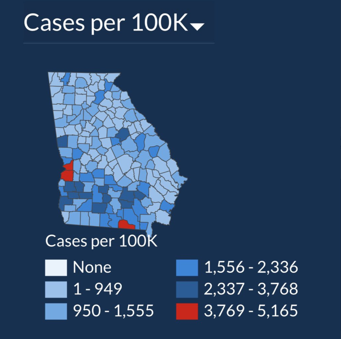 July 17th heat map visualization showing cases per 100K residents in Georgia, with three counties colored red. Bins represent none, 1-949 cases, 950 - 1555 cases, 1556-2336 cases, 2337 - 3768 cases, and the red bins represent 3769-5165 cases. 