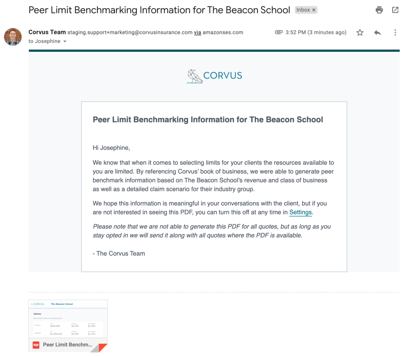 [DIAGRAM] Sample Email - Corvus Peer Benchmarking Information