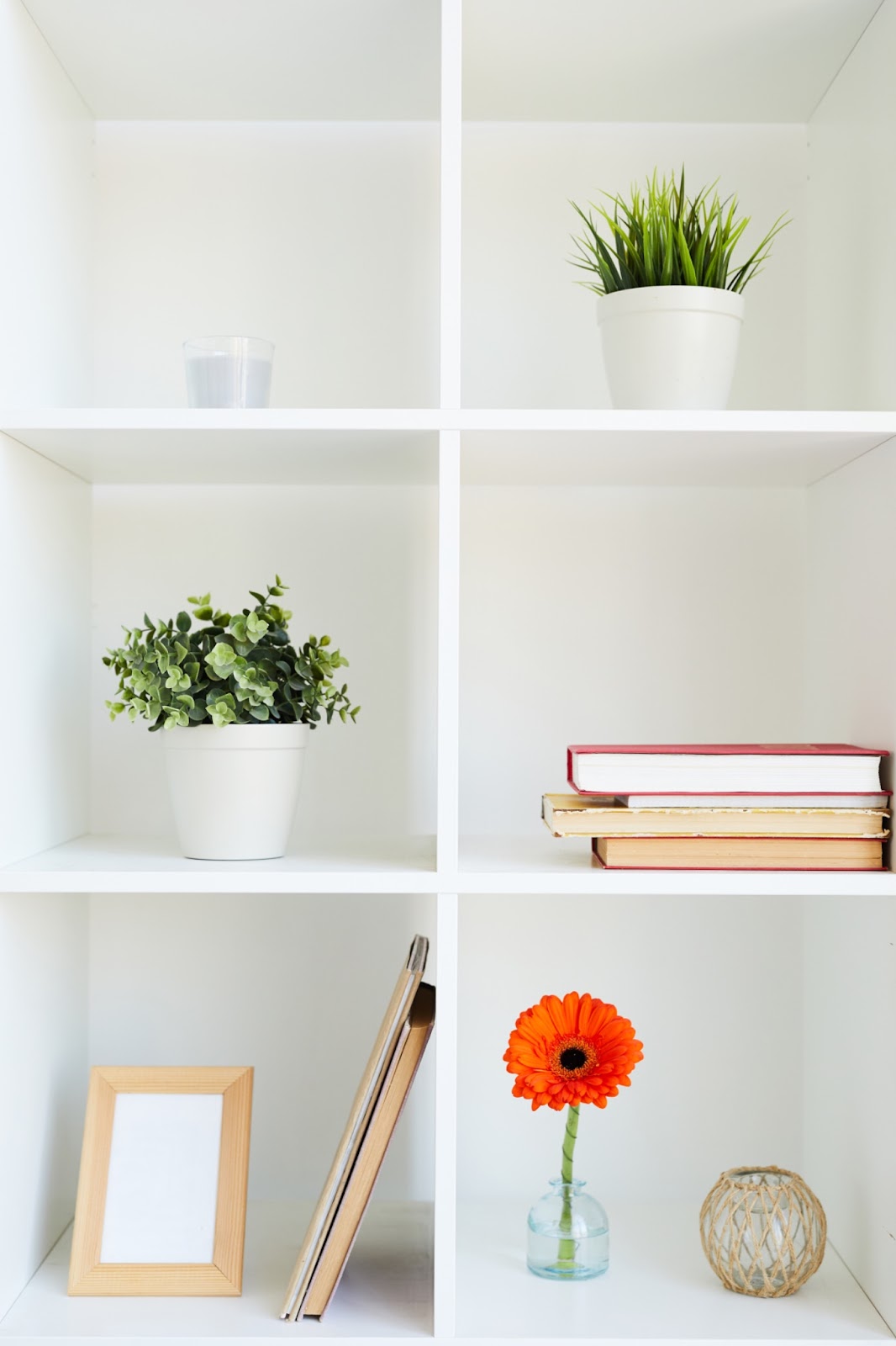 Decorated bookshelf with flowers and picture frames. 