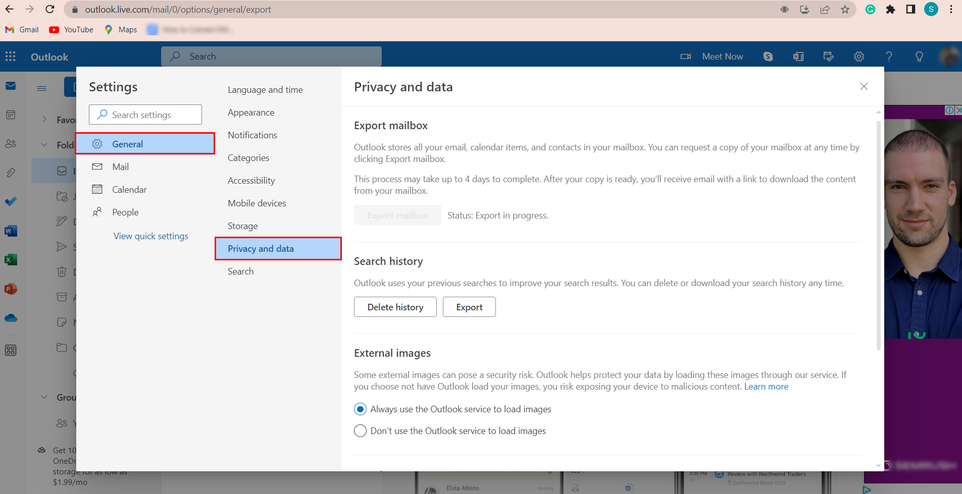 Microsoft Outlook - Privacy and data option