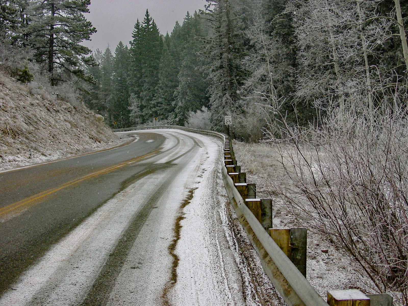 A snowy road that curves into the forested mountains. 