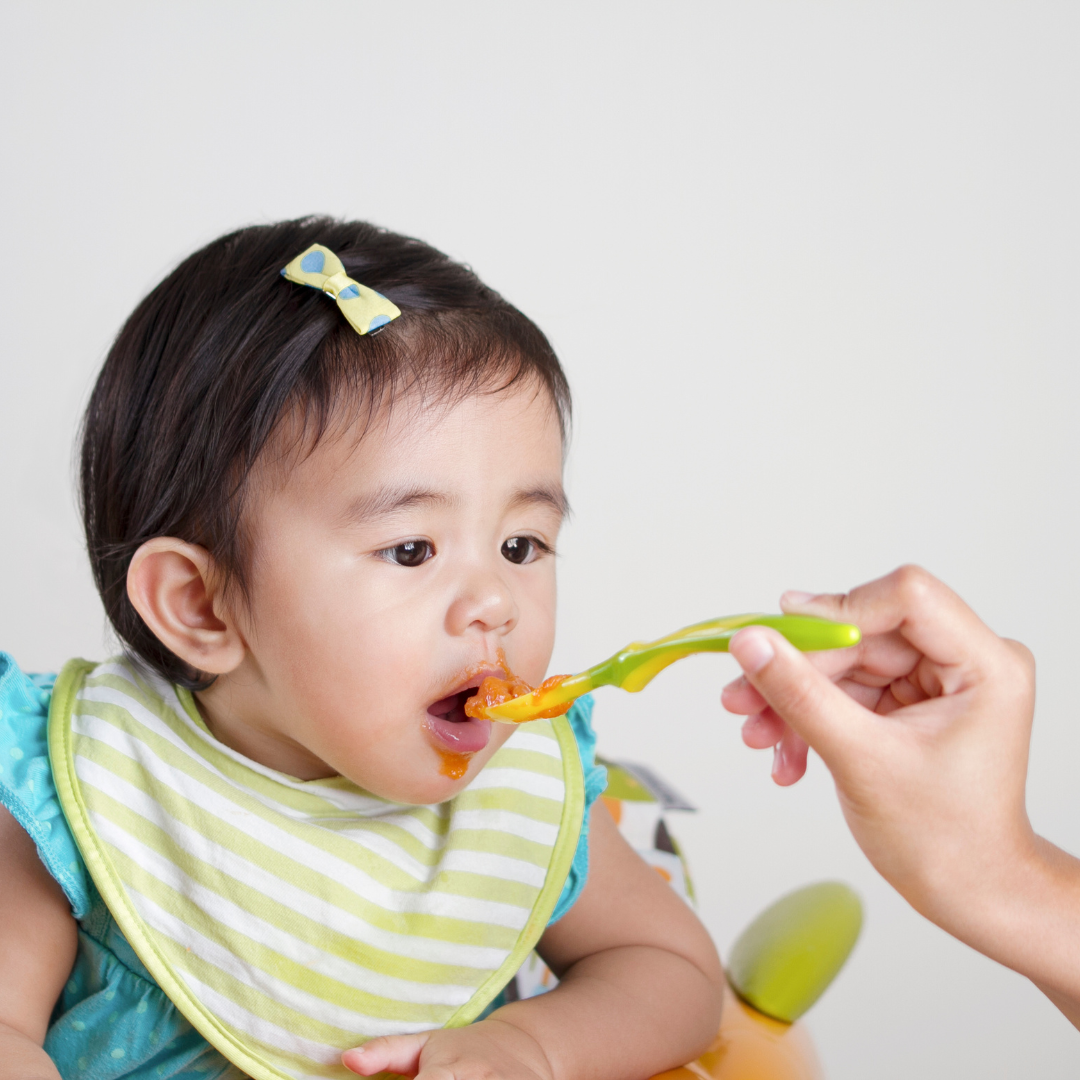 Baby eating a bowl of puree fed by her mom