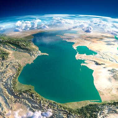 Imagem de satélite do Mar Cáspio, depressão absoluta com 92 metros abaixo do nível do mar