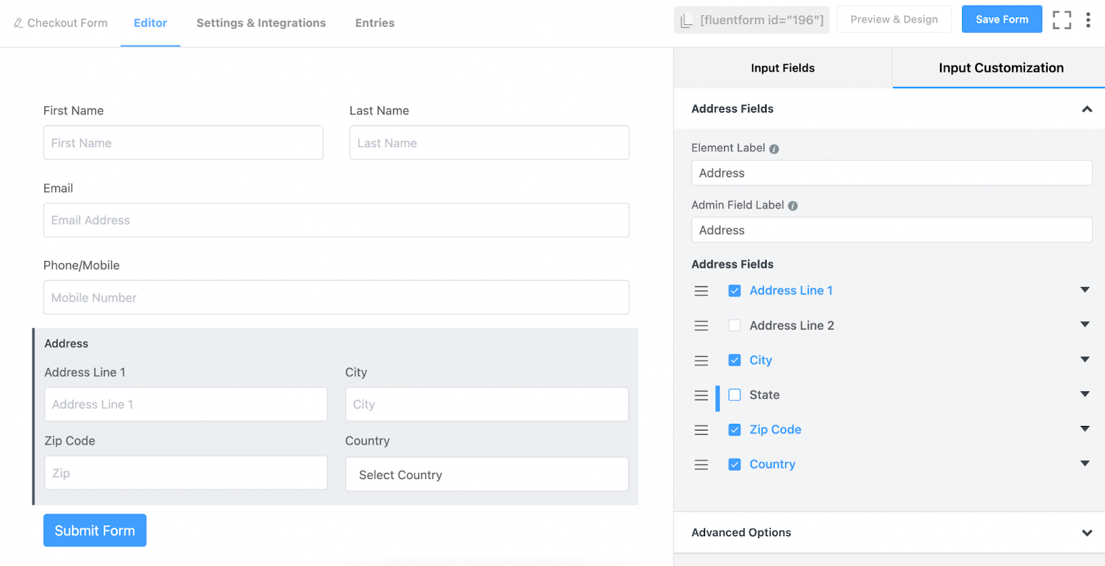 Fluent Forms address field, input customization